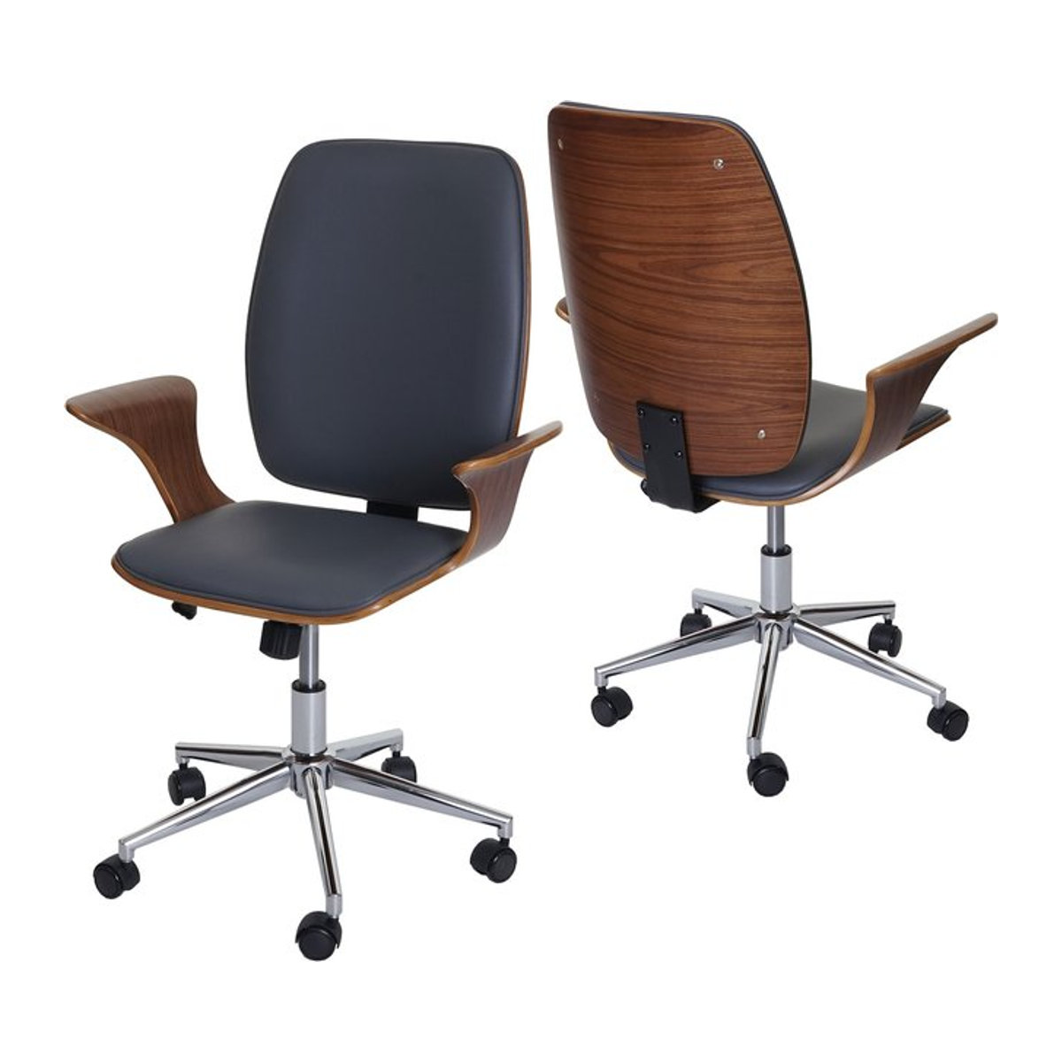 Bürostuhl MCW-C54 Chefsessel Drehstuhl im Mid-Century Design aus Bugholz und Kunstleder in Walnuss-Optik mit grauem Bezug - Bild 1