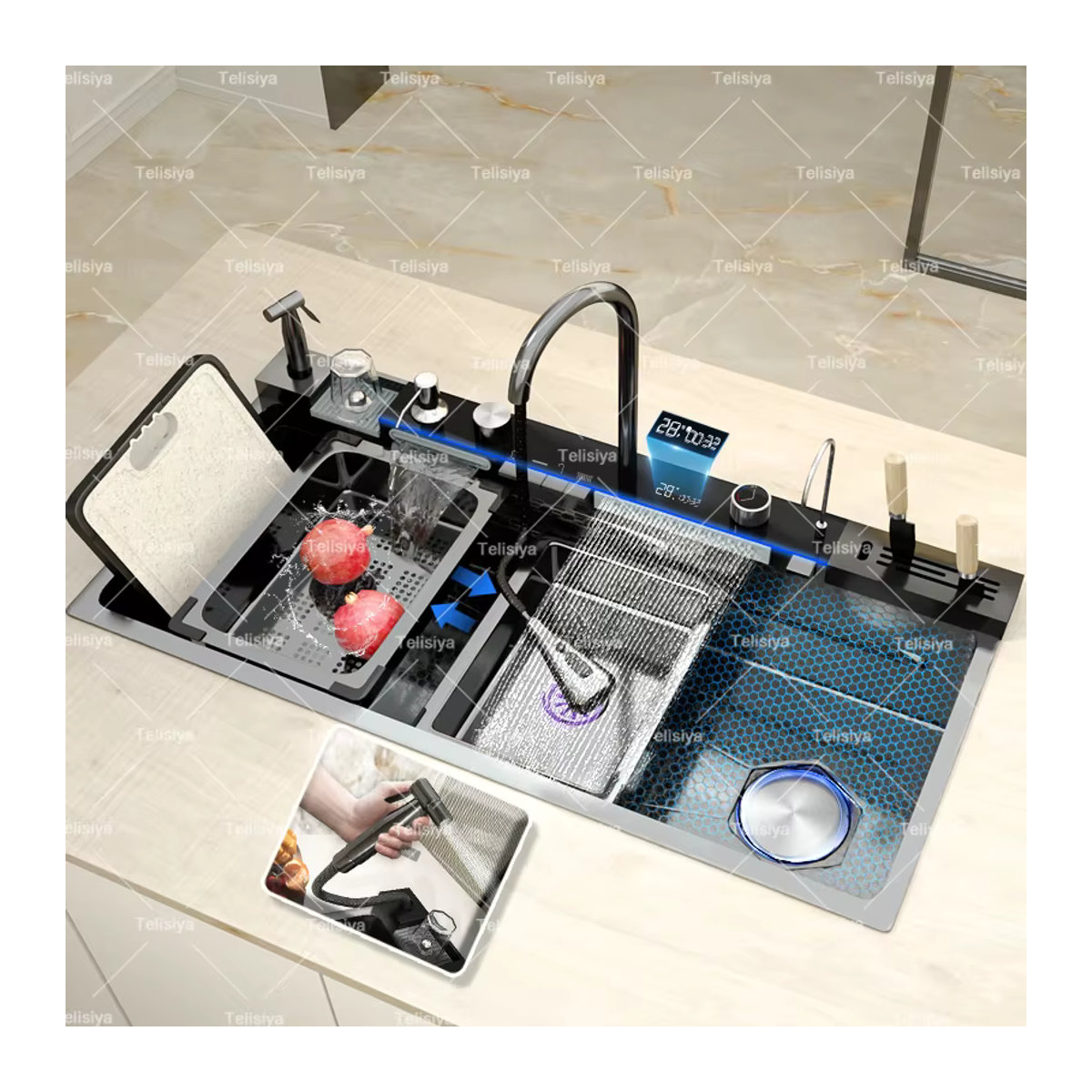 BusySink Multifunktionale Küchenspüle aus Edelstahl in Schwarz mit Wasserfall-Funktion und Digitalanzeige, B: 100 cm, T: 50 cm - Bild 2