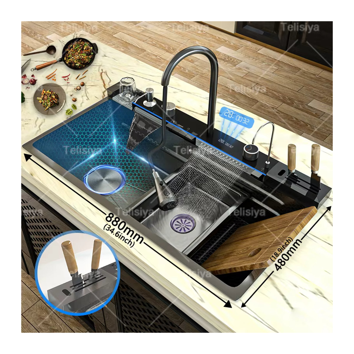 BusySink Multifunktionale Küchenspüle aus Edelstahl in Schwarz mit Wasserfall-Funktion und Digitalanzeige, B: 100 cm, T: 50 cm - Bild 3