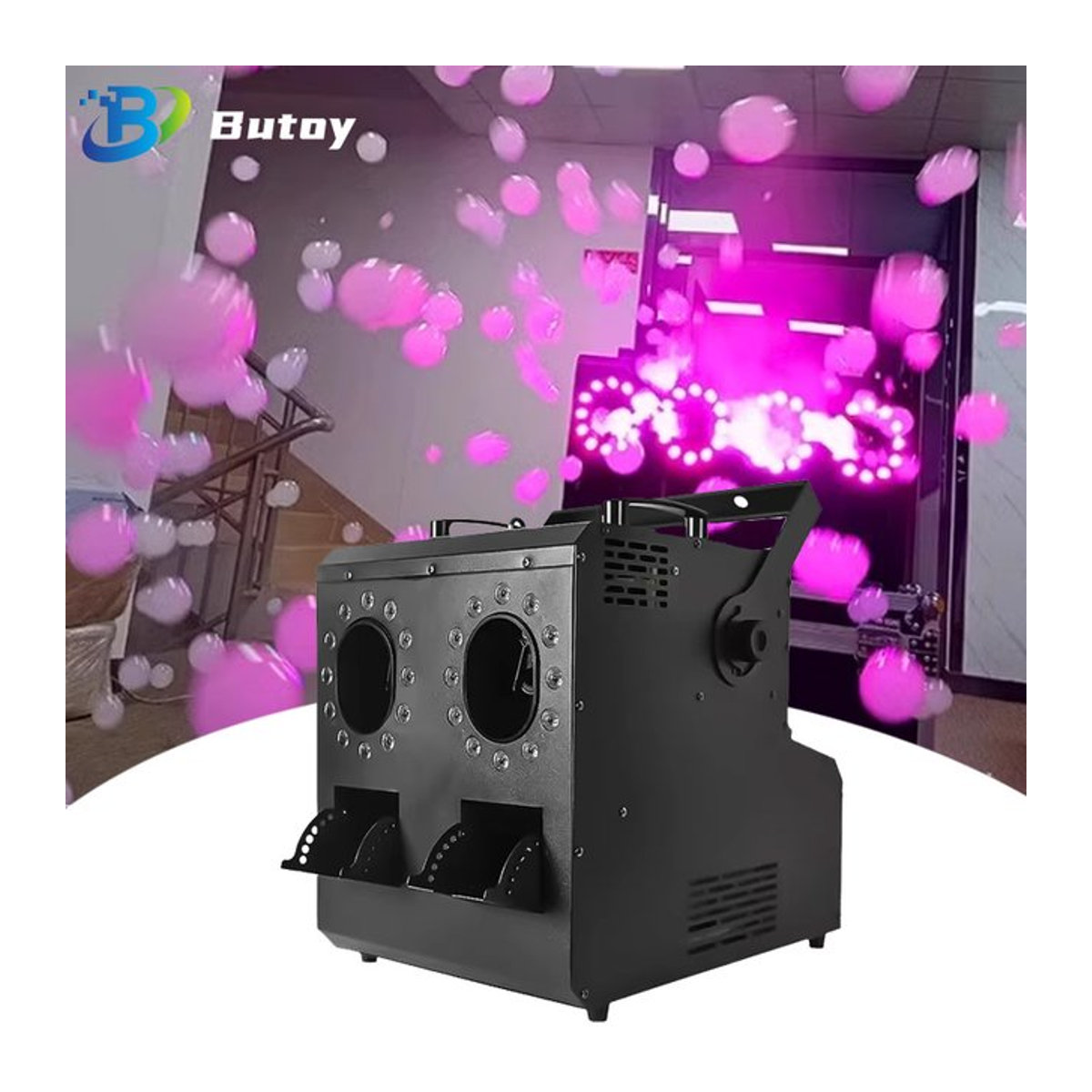 Butoy LED Rauch- und Blasenmaschine mit 1500 W, zwei Düsen, DMX-Steuerung, Schwarz - Bild 1