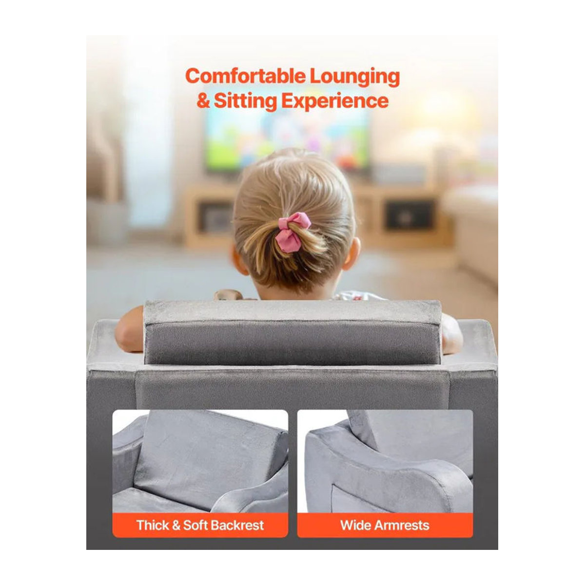 Buying Solutions MB 2-in-1 Kindersofa Grau, faltbares Kleinkind-Weichsofa aus Stoff und Samt mit Armlehnen, umwandelbarer Kleinkindstuhl zum Liegesessel, B/T/H: 60 x 44,5 x 40,5 cm - Bild 5