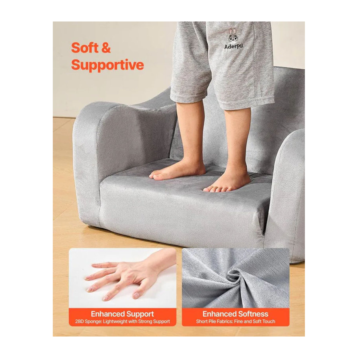 Buying Solutions MB 2-in-1 Kindersofa Grau, faltbares Kleinkind-Weichsofa aus Stoff und Samt mit Armlehnen, umwandelbarer Kleinkindstuhl zum Liegesessel, B/T/H: 60 x 44,5 x 40,5 cm - Bild 6
