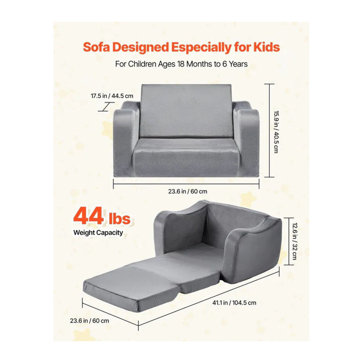 Buying Solutions MB 2-in-1 Kindersofa Grau, faltbares Kleinkind-Weichsofa aus Stoff und Samt mit Armlehnen, umwandelbarer Kleinkindstuhl zum Liegesessel, B/T/H: 60 x 44,5 x 40,5 cm - Bild 7