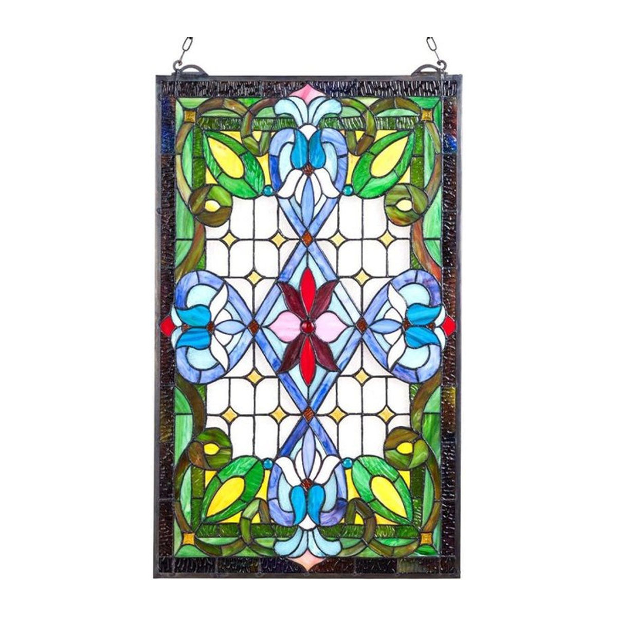 Buying Solutions, MB Buntglas-Fensterbild im Tiffany-Stil mit Blumenmotiv, hängendes Glasfenster in Rechteckform, mehrfarbig, B/H: 43,3 x 73,1 cm - Bild 1