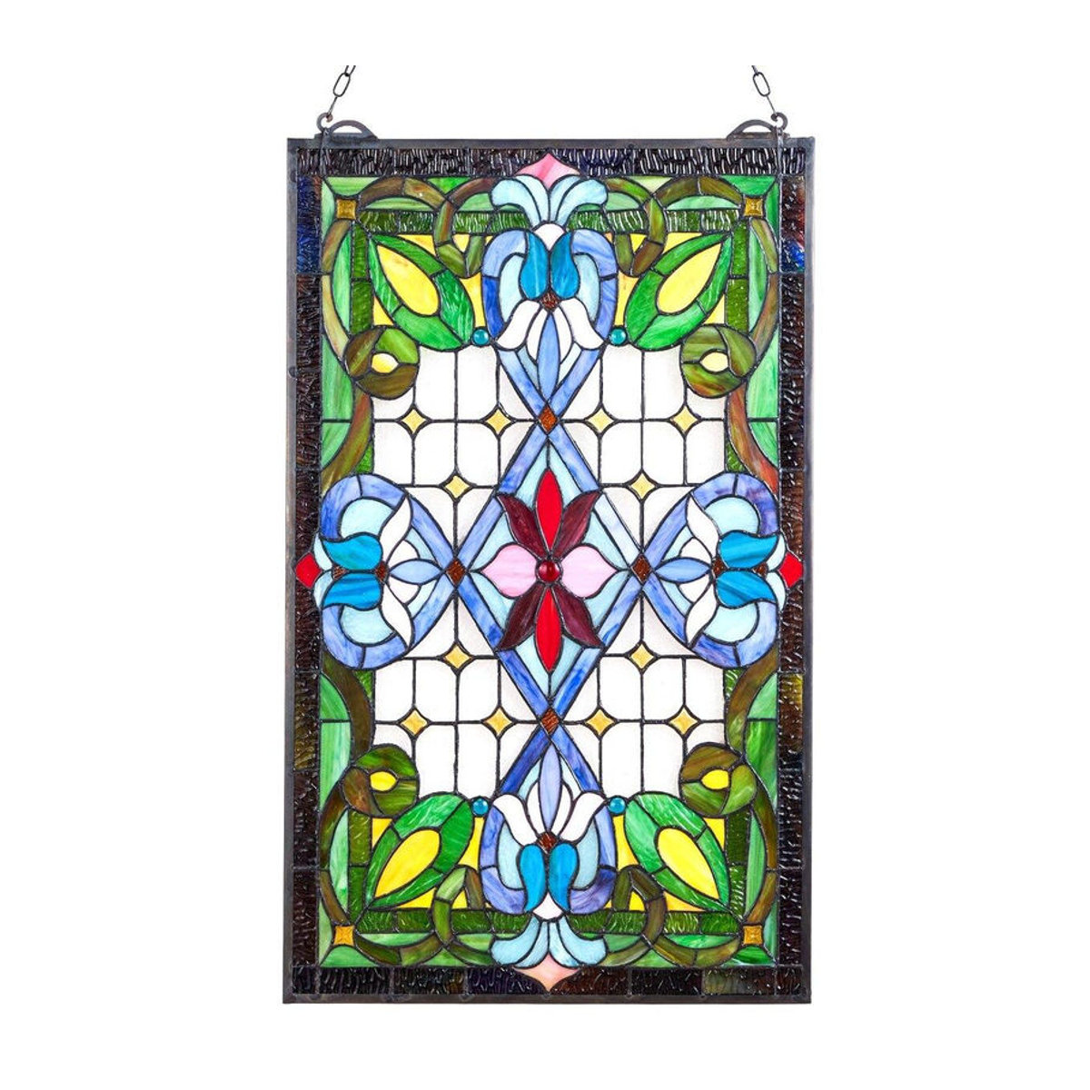 Buying Solutions, MB Buntglas-Fensterbild im Tiffany-Stil mit Blumenmotiv, hängendes Glasfenster in Rechteckform, mehrfarbig, B/H: 43,3 x 73,1 cm - Bild 3