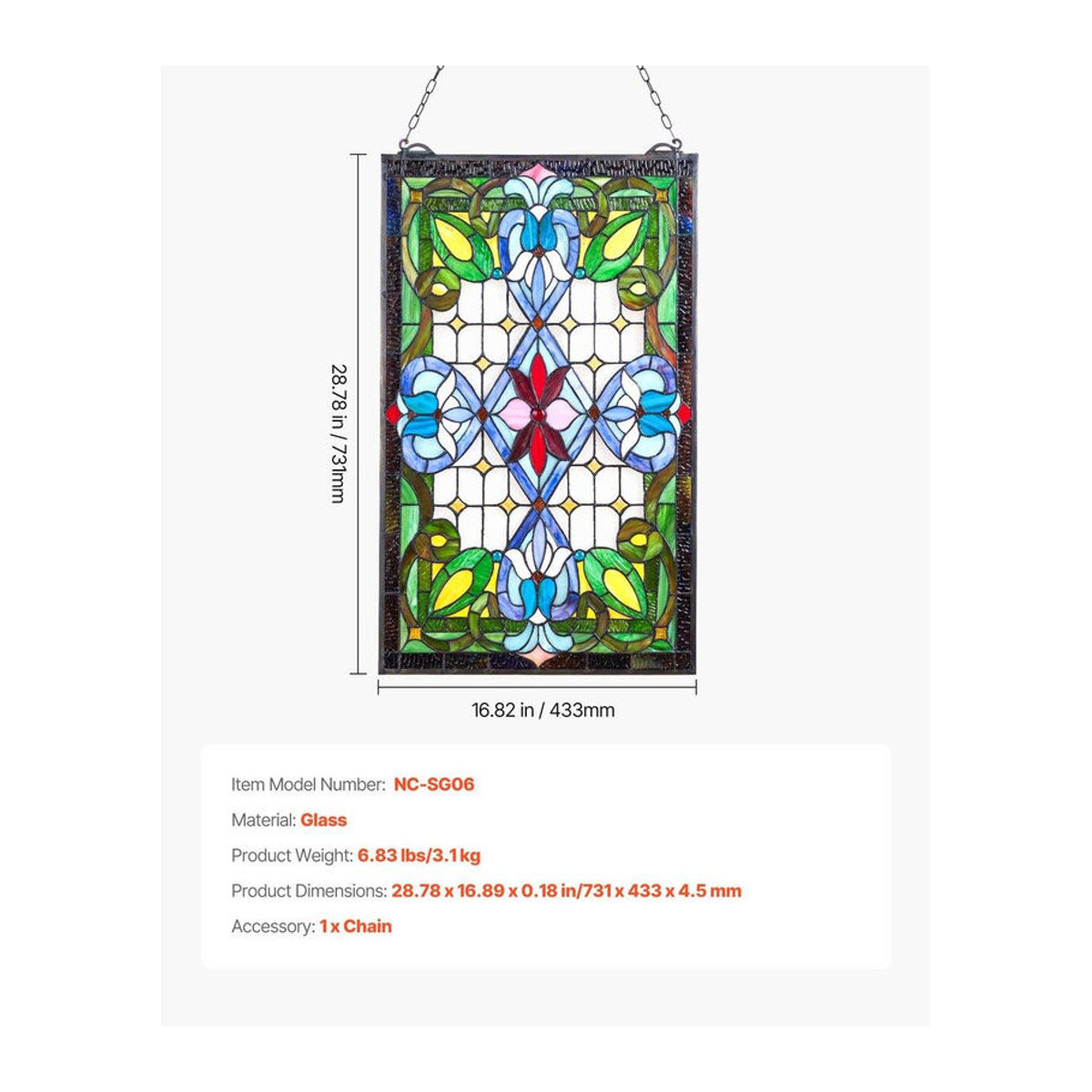 Buying Solutions, MB Buntglas-Fensterbild im Tiffany-Stil mit Blumenmotiv, hängendes Glasfenster in Rechteckform, mehrfarbig, B/H: 43,3 x 73,1 cm - Bild 4