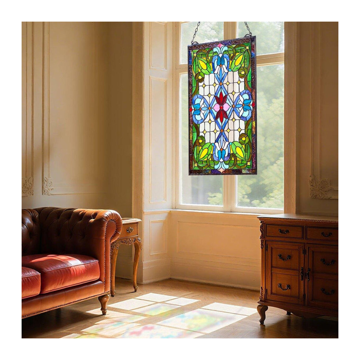 Buying Solutions, MB Buntglas-Fensterbild im Tiffany-Stil mit Blumenmotiv, hängendes Glasfenster in Rechteckform, mehrfarbig, B/H: 43,3 x 73,1 cm - Bild 5