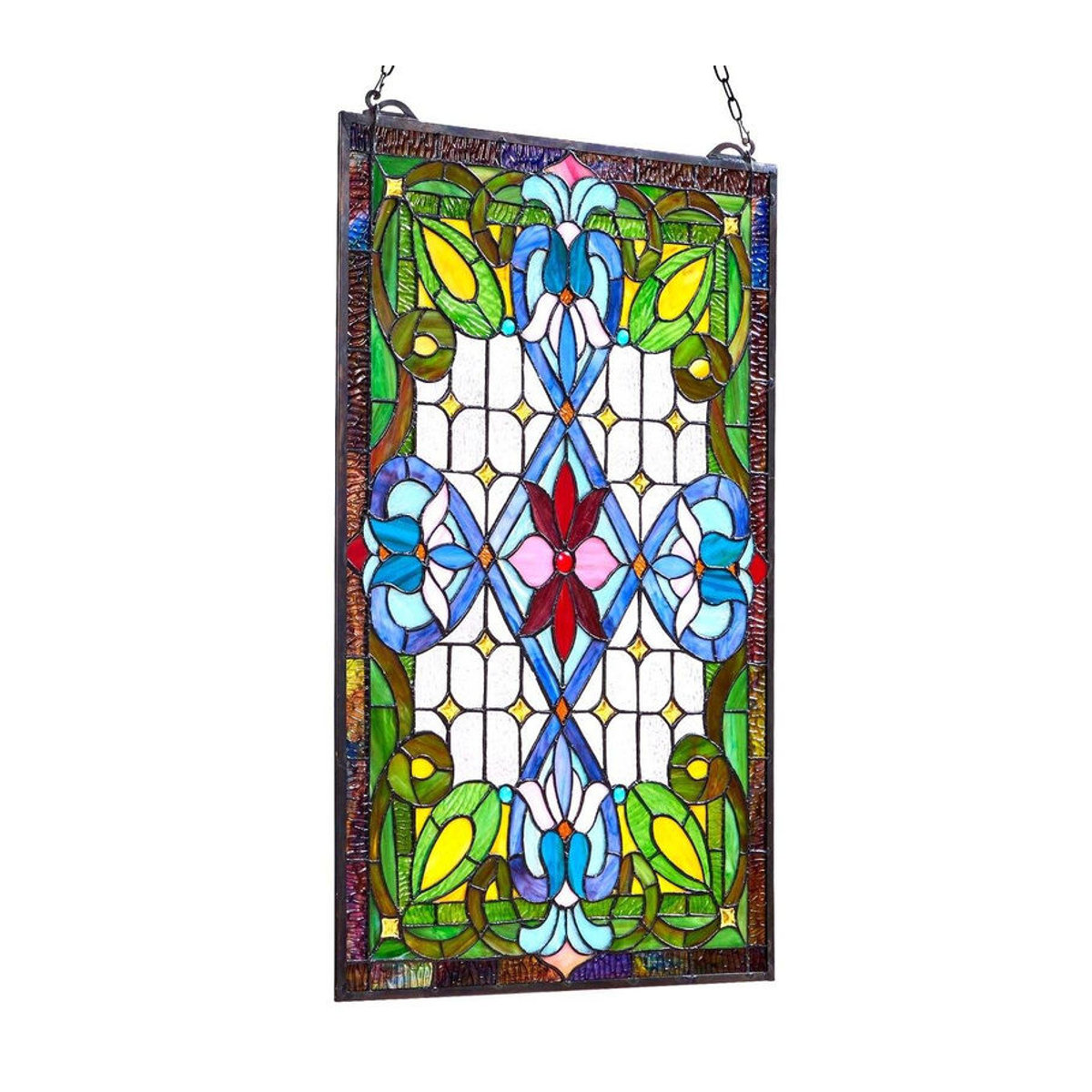 Buying Solutions, MB Buntglas-Fensterbild im Tiffany-Stil mit Blumenmotiv, hängendes Glasfenster in Rechteckform, mehrfarbig, B/H: 43,3 x 73,1 cm - Bild 6