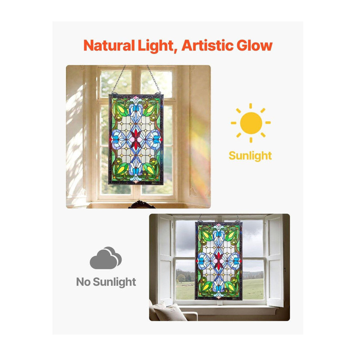 Buying Solutions, MB Buntglas-Fensterbild im Tiffany-Stil mit Blumenmotiv, hängendes Glasfenster in Rechteckform, mehrfarbig, B/H: 43,3 x 73,1 cm - Bild 7