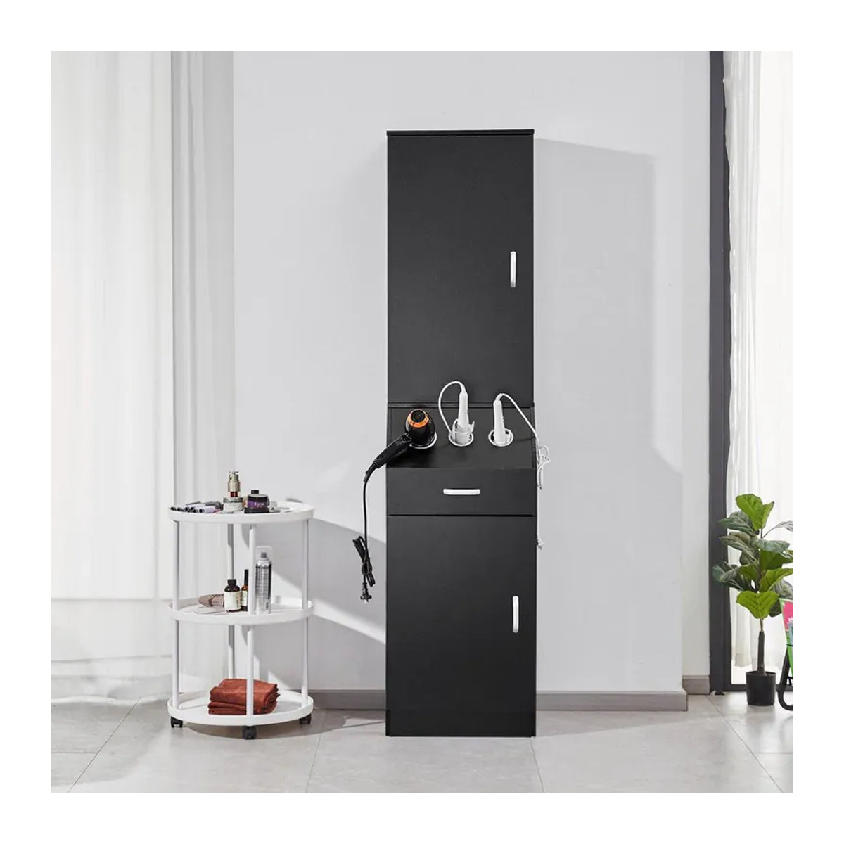 Buying Solutions, MB Friseursalon-Station Set in Schwarz mit 3 Fönhaltern, Schränken und Schublade aus MDF und Metall - Bild 3