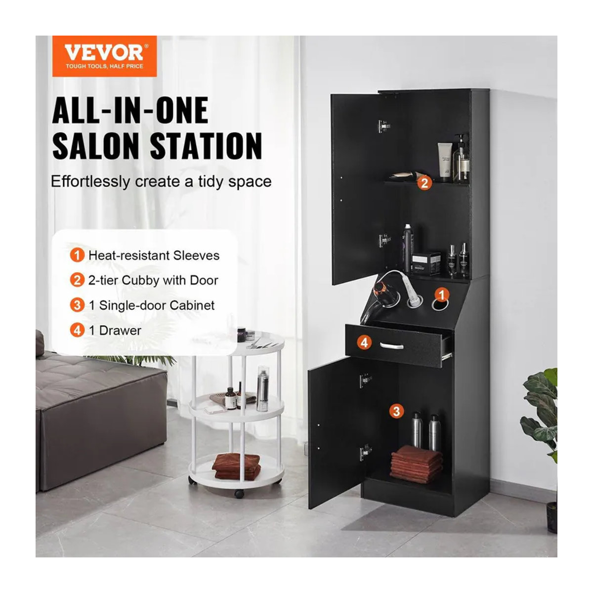 Buying Solutions, MB Friseursalon-Station Set in Schwarz mit 3 Fönhaltern, Schränken und Schublade aus MDF und Metall - Bild 8