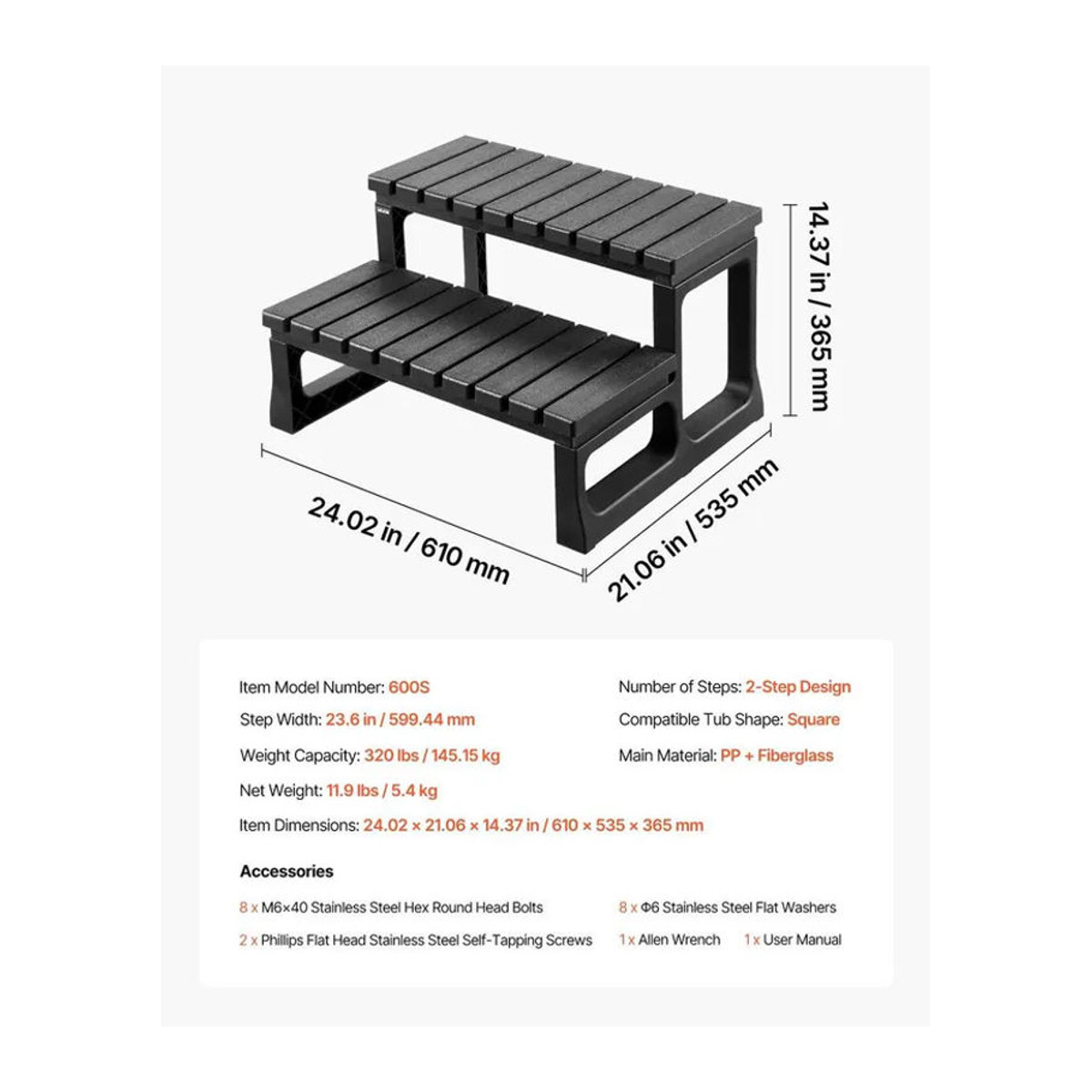 Buying Solutions MB Jacuzzi Treppe mit 2 Stufen für Spa und Pool in Schwarz aus Polypropylen und Fiberglas, Breite: 59,95 cm - Bild 7