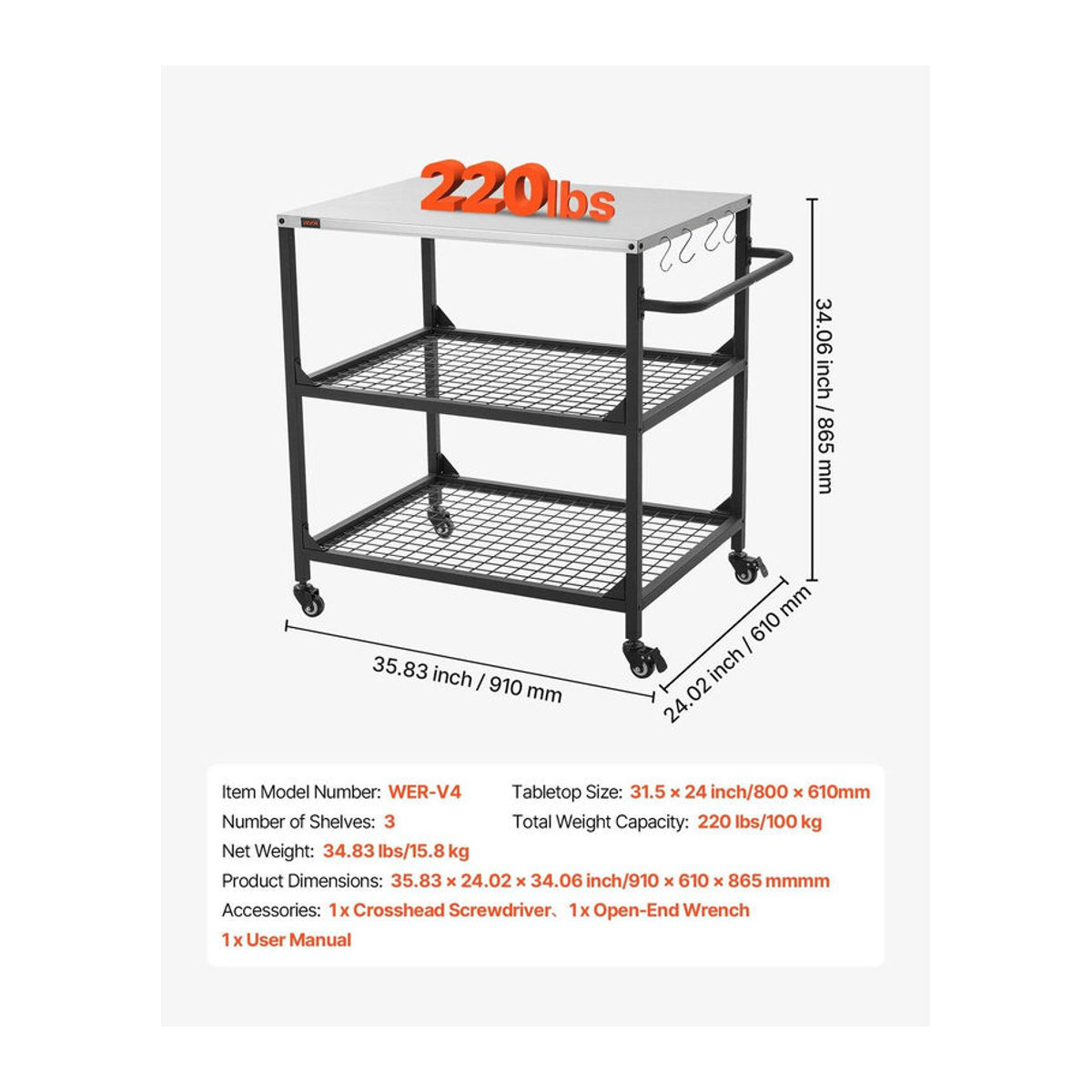 Buying Solutions MB Outdoor Grillwagen aus Edelstahl mit 4 Rädern, Seitenhenkeln und zwei Gitterböden, B/T: 80 x 61 cm - Bild 3