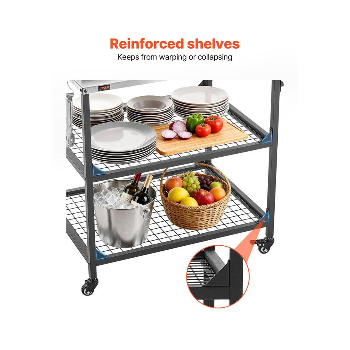 Buying Solutions MB Outdoor Grillwagen aus Edelstahl mit 4 Rädern, Seitenhenkeln und zwei Gitterböden, B/T: 80 x 61 cm - Bild 6