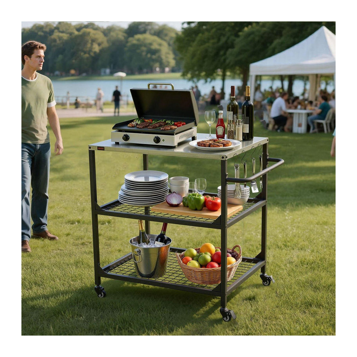 Buying Solutions MB Outdoor Grillwagen aus Edelstahl mit 4 Rädern, Seitenhenkeln und zwei Gitterböden, B/T: 80 x 61 cm - Bild 7