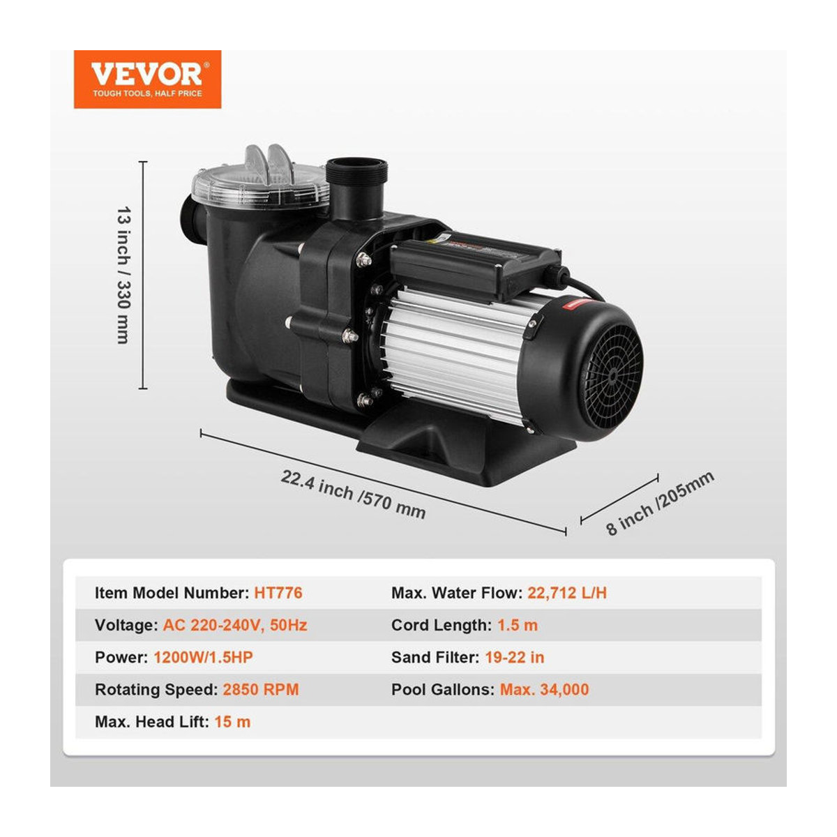 Buying Solutions MB Poolpumpe für Aufstellpools, 1,5 CV, 100 GPM, 2850 tr/min, Schwarz - Bild 8