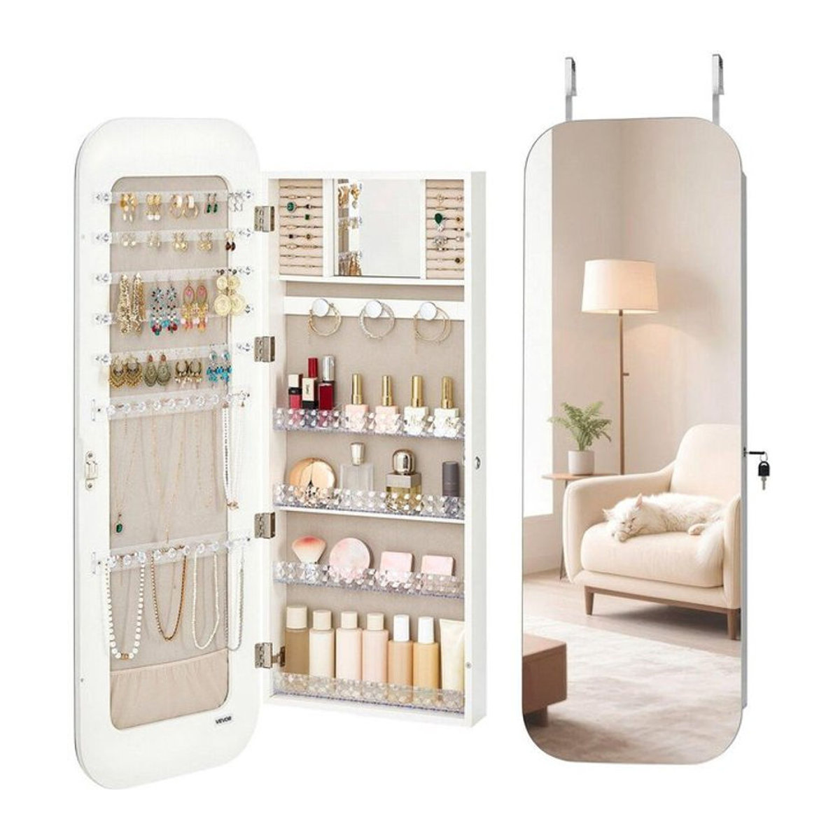 Buying Solutions MB Schmuckschrank mit Spiegel in Weiß, minimalistisches Design, Wandmontage oder Über-Tür-Aufhängung, Höhe: 108 cm - Bild 1