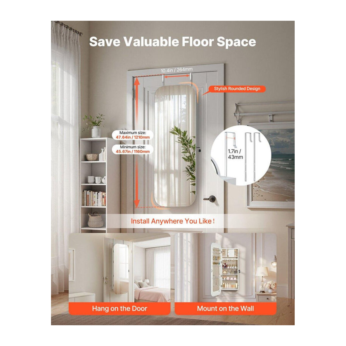 Buying Solutions MB Schmuckschrank mit Spiegel in Weiß, minimalistisches Design, Wandmontage oder Über-Tür-Aufhängung, Höhe: 108 cm - Bild 3