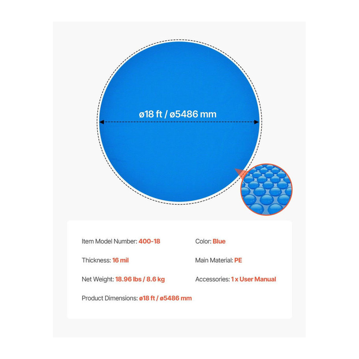 Buying Solutions MB Solar-Abdeckplane für runde Pools, Luftpolsterfolie aus PE-Material, Durchmesser: 5,49 m, 16 Mil Stärke - Bild 4