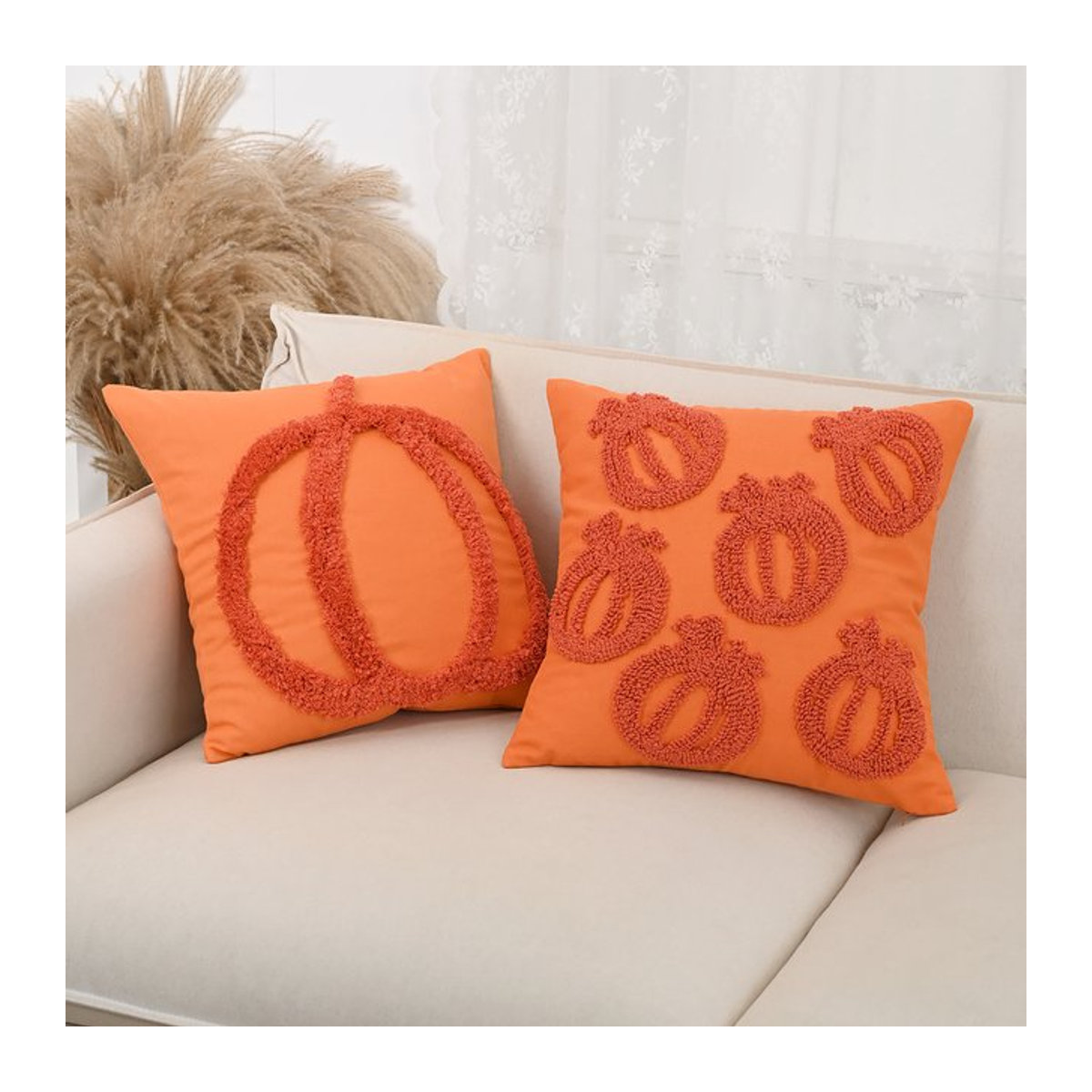 BUYNOW Halloween Kissenbezug mit besticktem orangefarbenem Kürbis für Wohnzimmer und Schlafzimmer, B/H: 45,7 x 45,7 cm - Bild 1