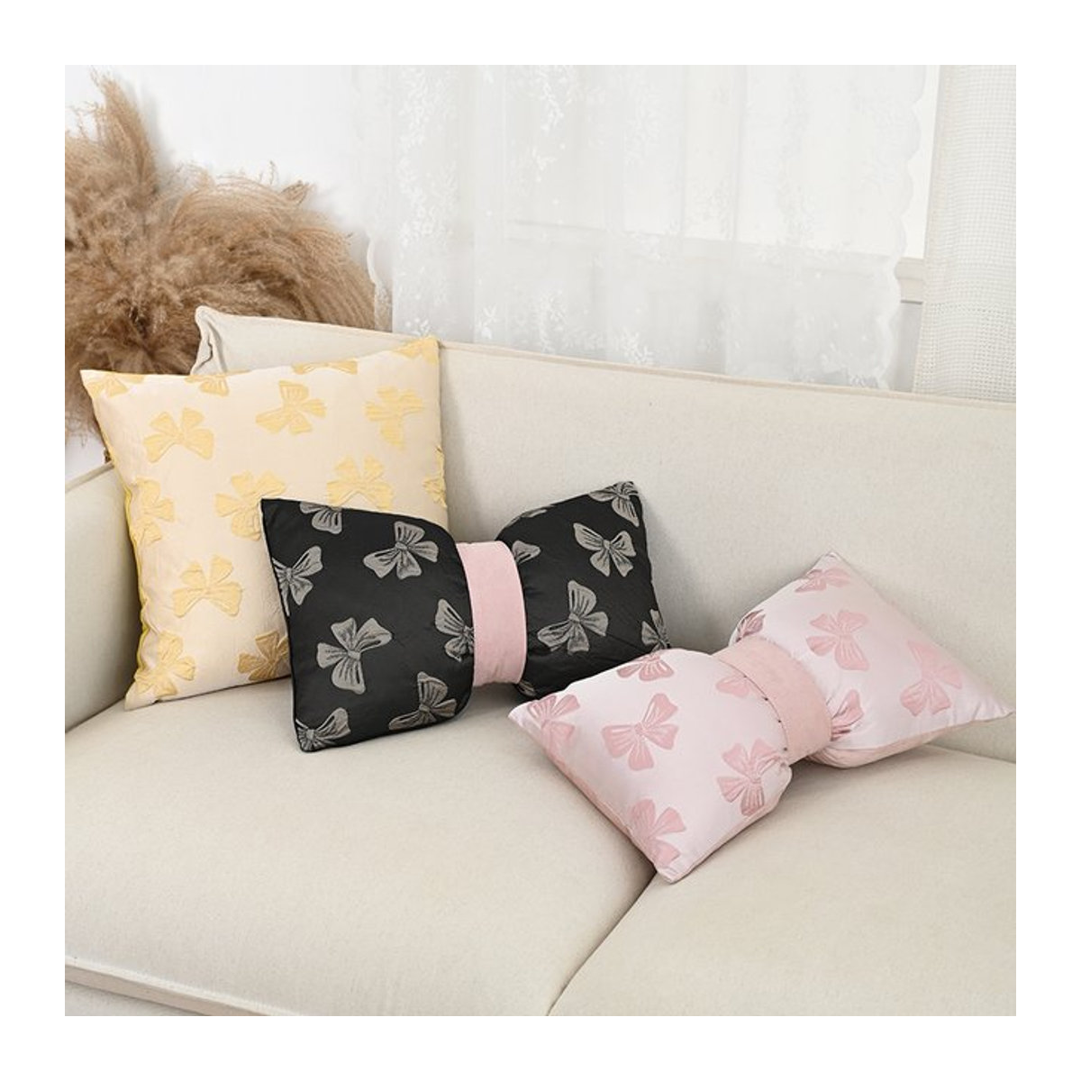 BUYNOW Jacquard-Bogen-Kissenbezug mit rosa Schleife im koreanischen Design für Sofa und Wohnzimmer - Bild 1