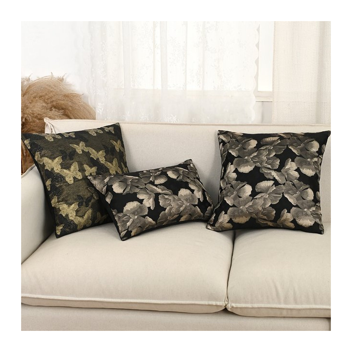 BUYNOW Kissenbezug aus schwarzem niederländischem Samt mit buntem Hanf-Jacquard-Druck und pastoraler Spitze im Vintage-Stil - Bild 1