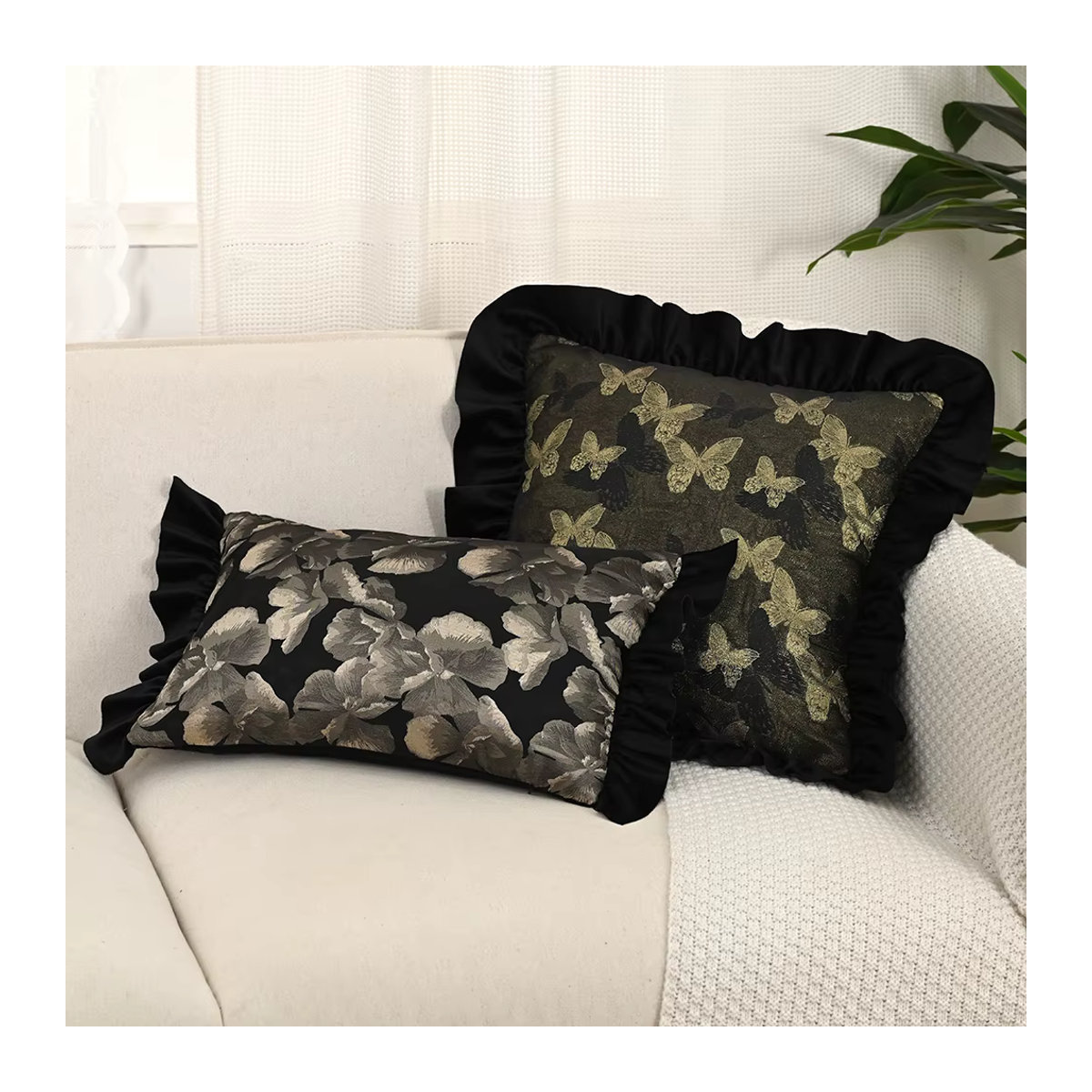 BUYNOW Kissenbezug aus schwarzem niederländischem Samt mit buntem Hanf-Jacquard-Druck und pastoraler Spitze im Vintage-Stil - Bild 2