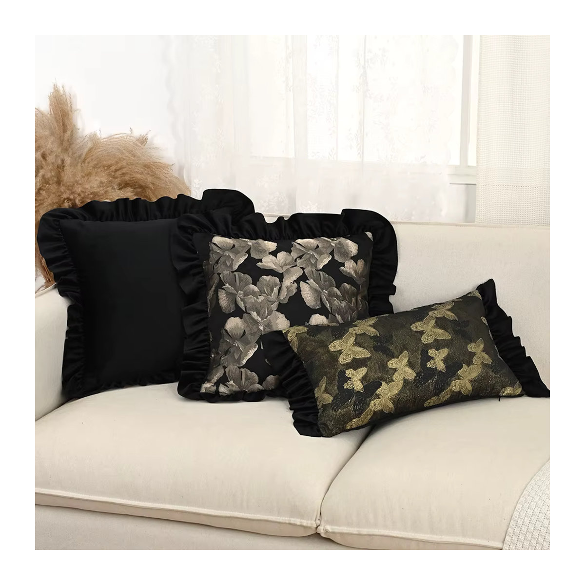 BUYNOW Kissenbezug aus schwarzem niederländischem Samt mit buntem Hanf-Jacquard-Druck und pastoraler Spitze im Vintage-Stil - Bild 3