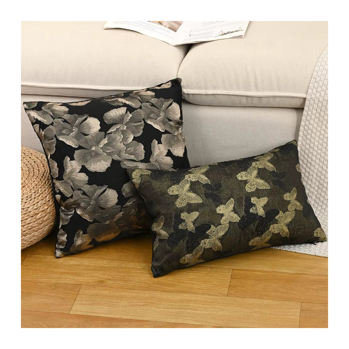 BUYNOW Kissenbezug aus schwarzem niederländischem Samt mit buntem Hanf-Jacquard-Druck und pastoraler Spitze im Vintage-Stil - Bild 4