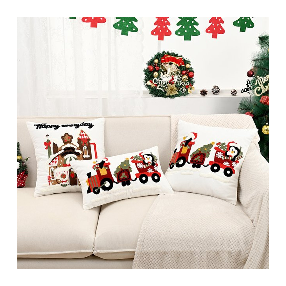 BUYNOW Weihnachtlicher Kissenbezug mit Pinguin-Stickerei in Weiß für dein Wohnzimmer oder Sofa - Bild 1