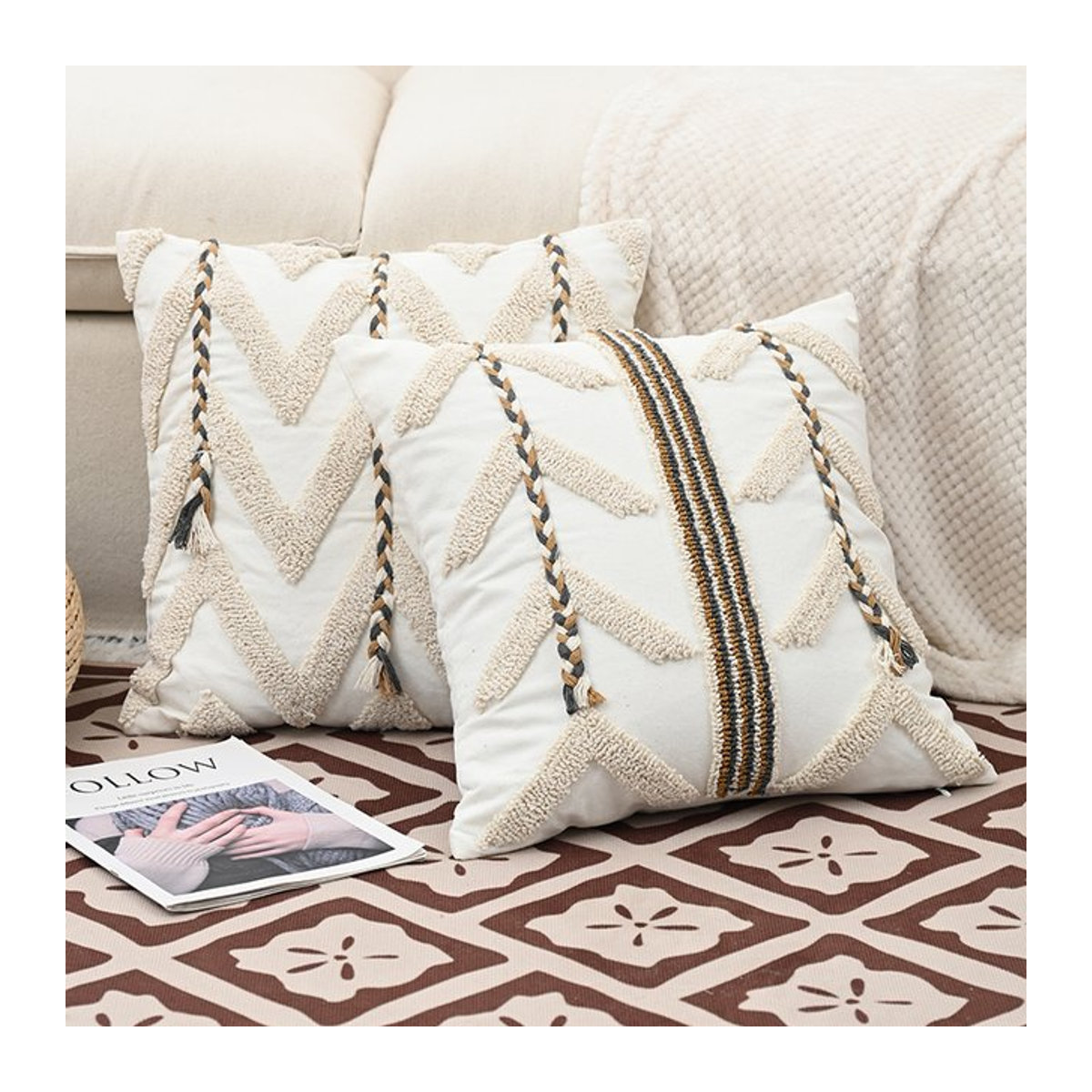 BUYNOW Würfel-Kissenbezug mit geometrischen Schlaufen im Bohemian-Stil, Farbe: Weiß - Bild 1