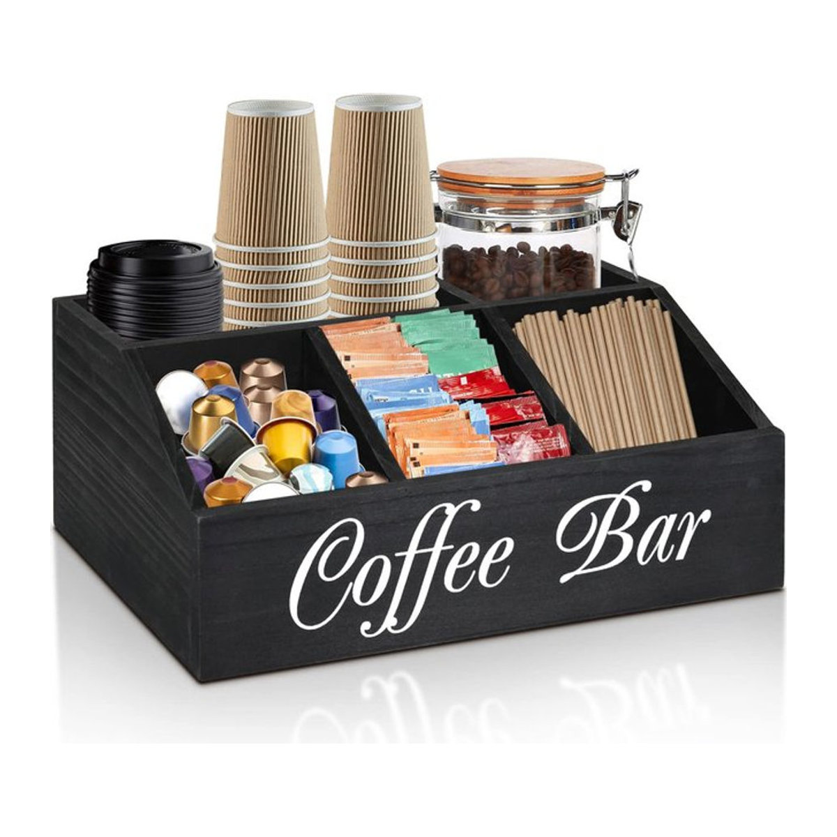 Buyyes Kaffeestation Organizer aus Holz in Schwarz oder Weiß für Kapseln und Zubehör im rustikalen Design - Bild 1