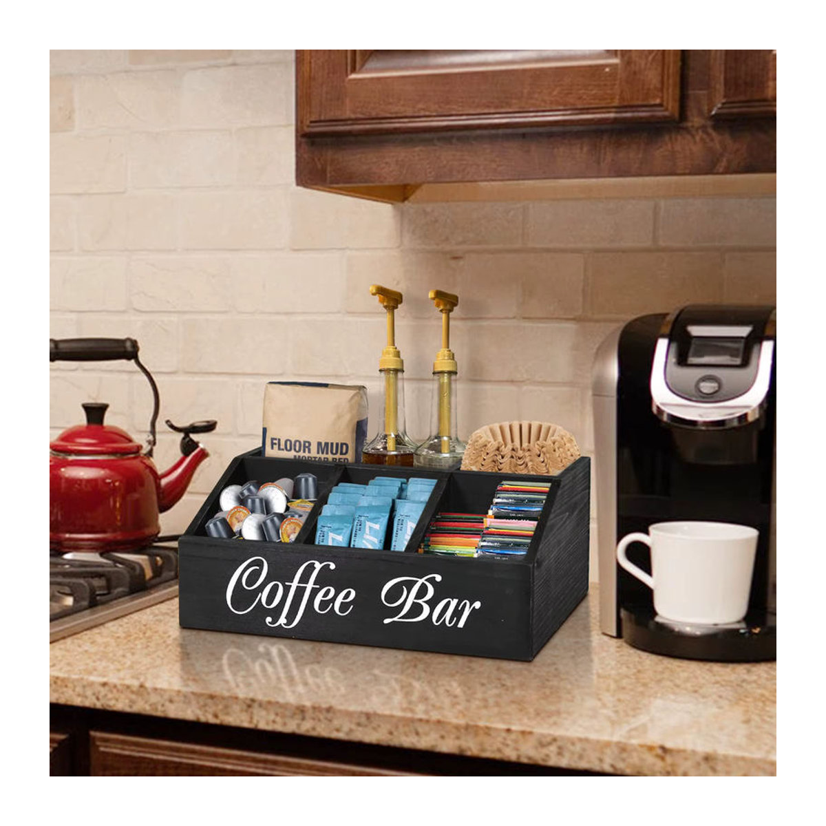 Buyyes Kaffeestation Organizer aus Holz in Schwarz oder Weiß für Kapseln und Zubehör im rustikalen Design - Bild 2