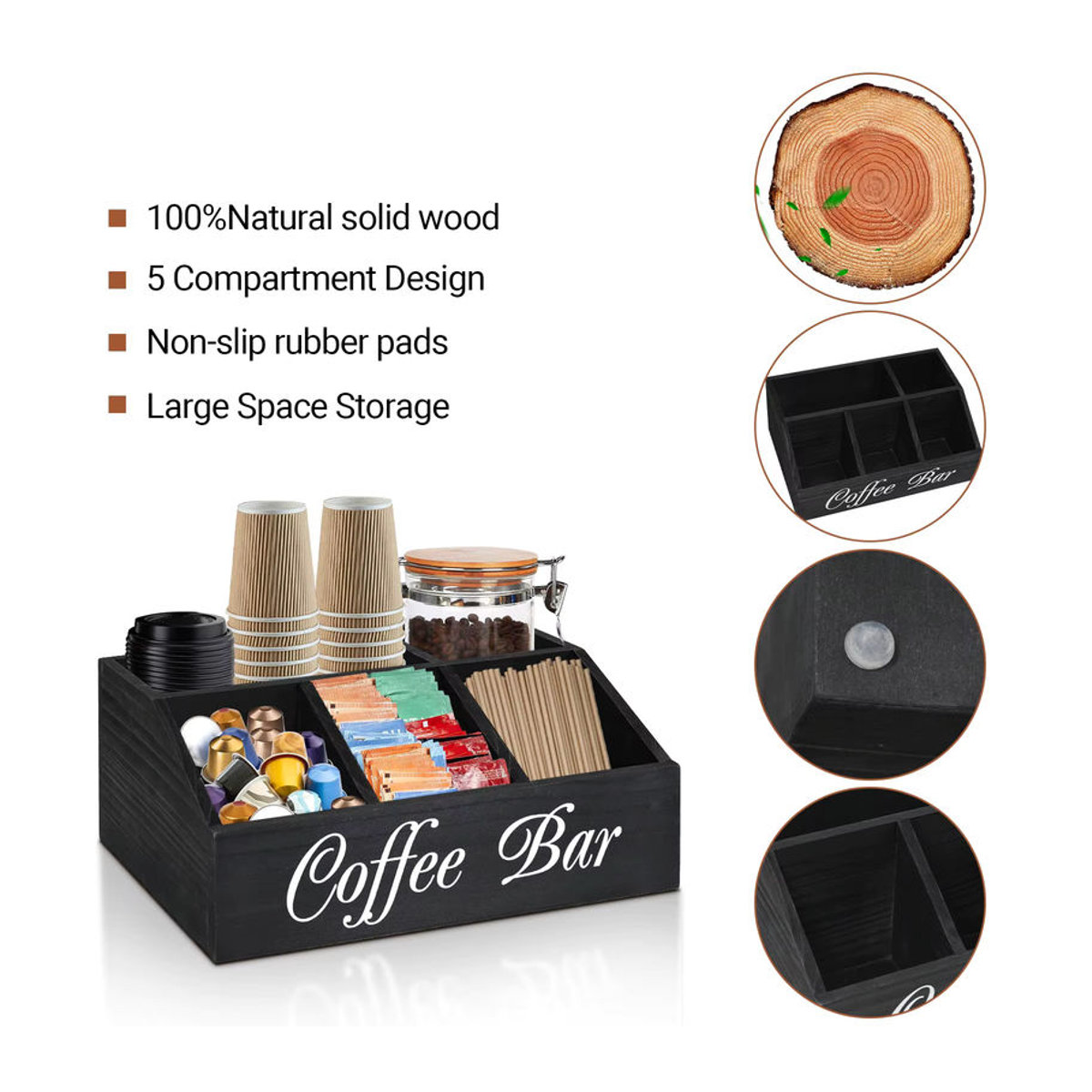 Buyyes Kaffeestation Organizer aus Holz in Schwarz oder Weiß für Kapseln und Zubehör im rustikalen Design - Bild 3