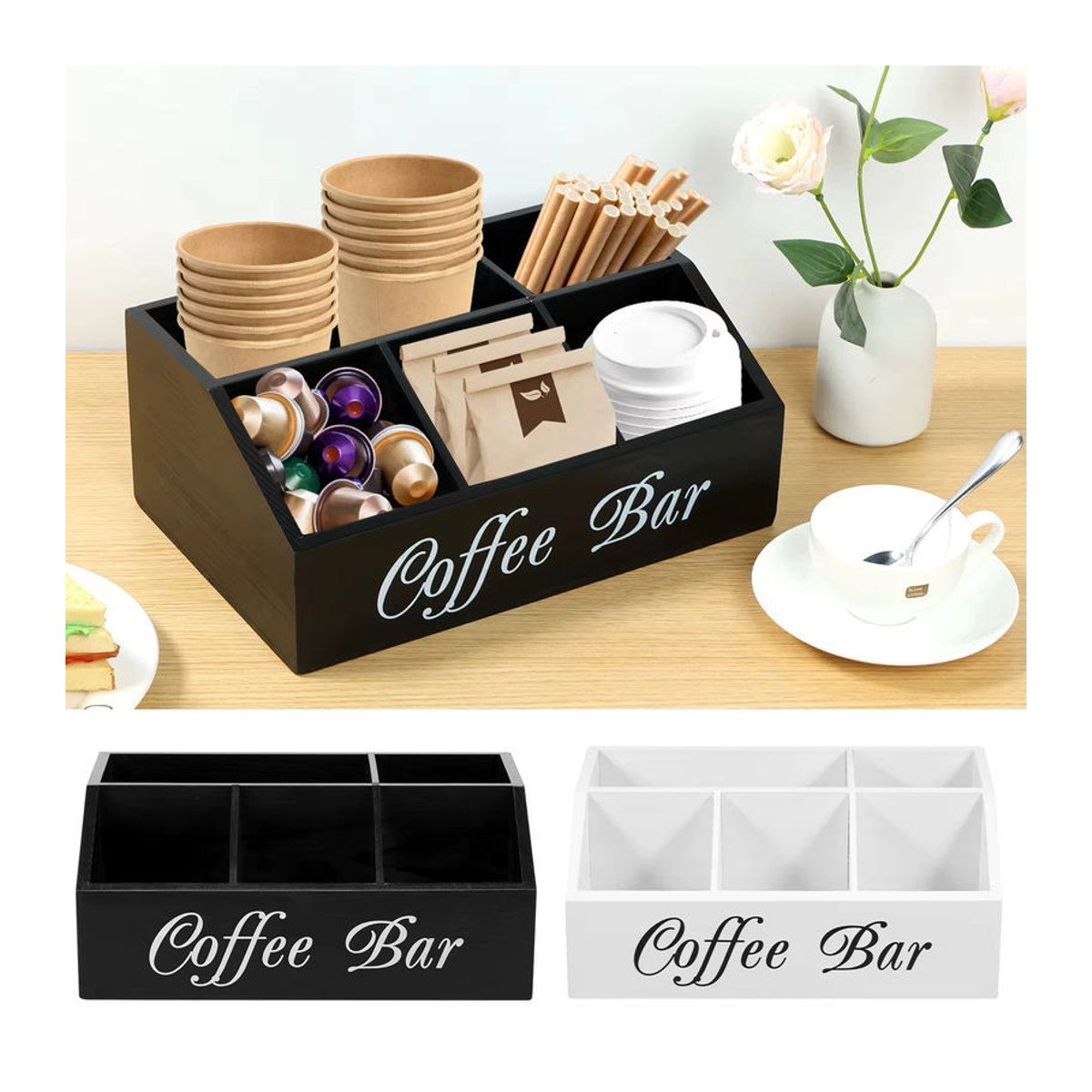 Buyyes Kaffeestation Organizer aus Holz in Schwarz oder Weiß für Kapseln und Zubehör im rustikalen Design - Bild 6