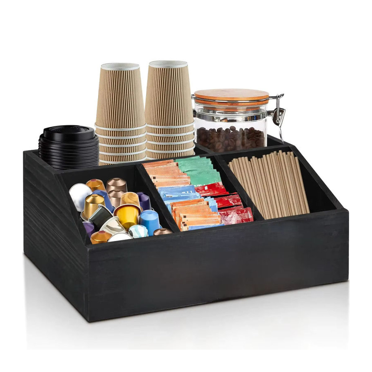 Buyyes Kaffeestation Organizer aus Holz in Schwarz oder Weiß für Kapseln und Zubehör im rustikalen Design - Bild 7