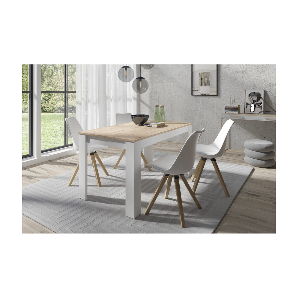 byLIVING Essgruppe im skandinavischen Design mit Tisch und 4 Stühlen in Weiß und Eiche Natur, B/T/H: 140 x 80 x 75 cm - Bild 2