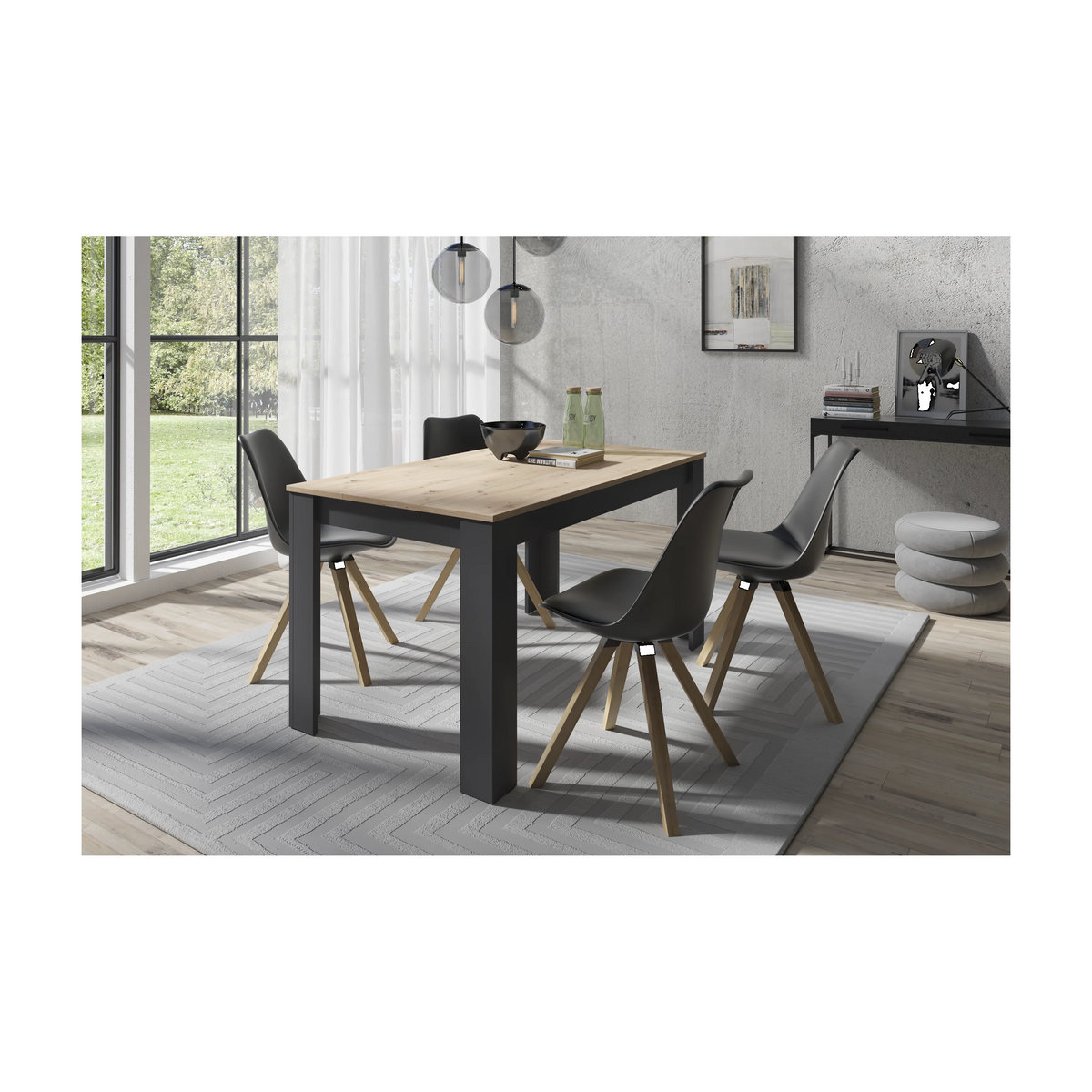 byLIVING Essgruppe Modern Skandinavisch in Anthrazit und Schwarz mit 4 Stühlen aus Eiche, Metall und Kunstleder, B/T/H: 140 x 80 x 75 cm - Bild 2