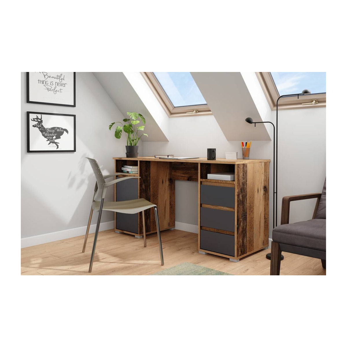 byLIVING Schreibtisch LOBO im Industrial Design, Eiche Old Wood (Altholz-Optik) und Anthrazit, B/H/T: 138 x 75 x 55 cm - Bild 4