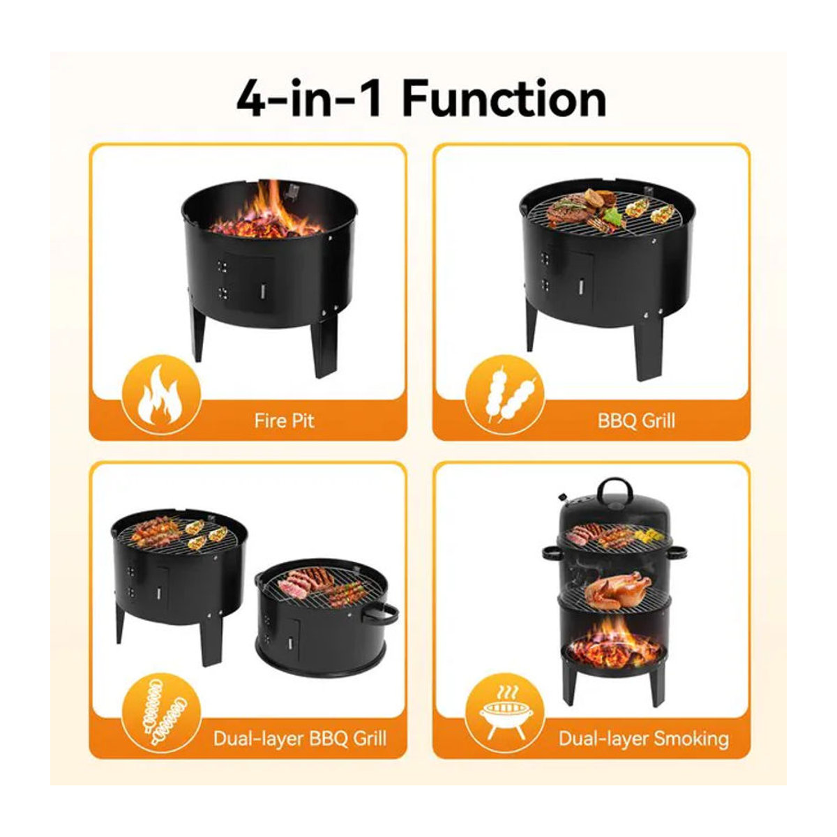 Bymaocar 3-in-1 Multifunktions-Räuchergrill aus Metall in Schwarz mit einstellbarer Windkraft für Holzkohle-BBQ und Smoker - Bild 1