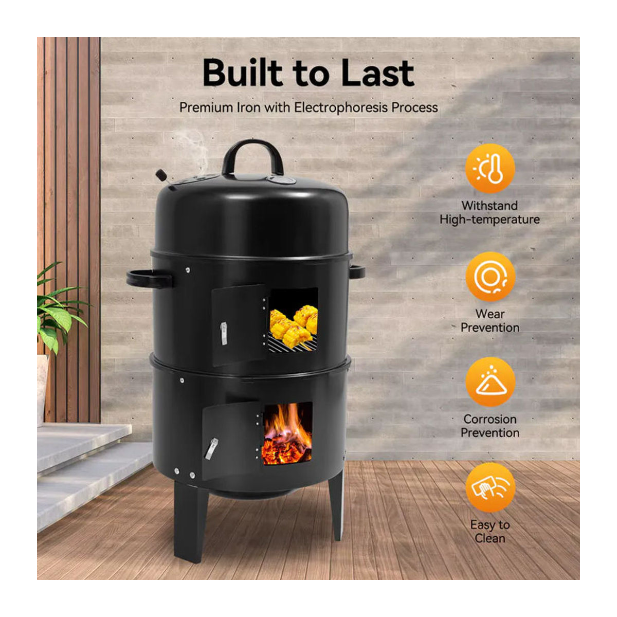 Bymaocar 3-in-1 Multifunktions-Räuchergrill aus Metall in Schwarz mit einstellbarer Windkraft für Holzkohle-BBQ und Smoker - Bild 3