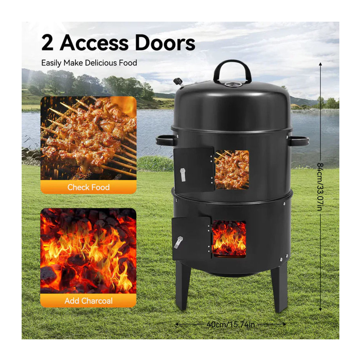 Bymaocar 3-in-1 Multifunktions-Räuchergrill aus Metall in Schwarz mit einstellbarer Windkraft für Holzkohle-BBQ und Smoker - Bild 4