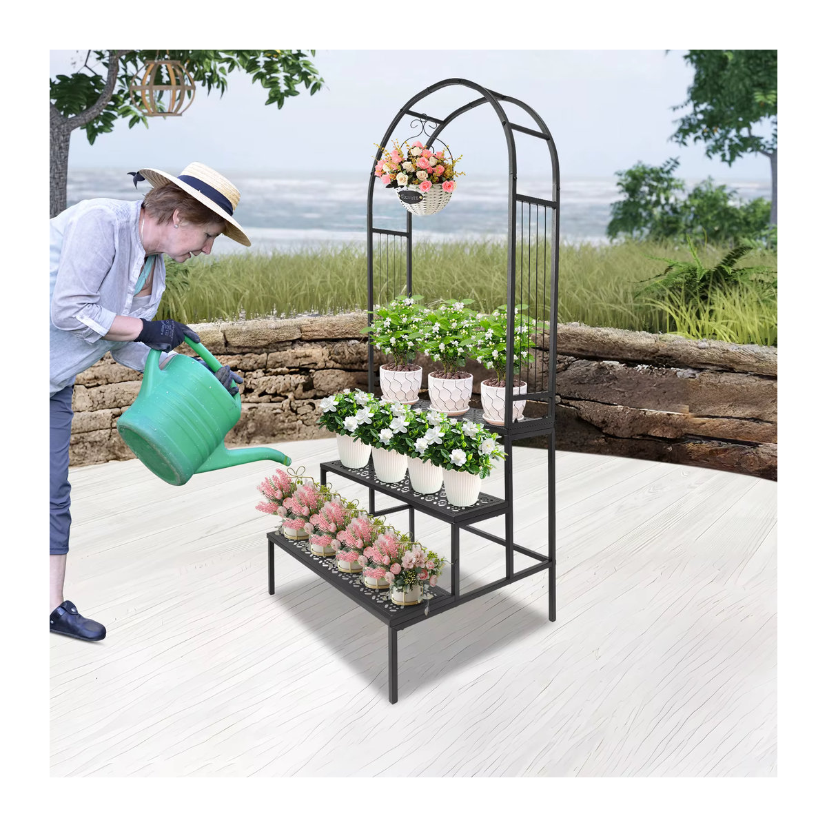 Bymaocar 3-stufiger Pflanzenständer mit Gartenbogen aus Metall in Schwarz - Bild 5