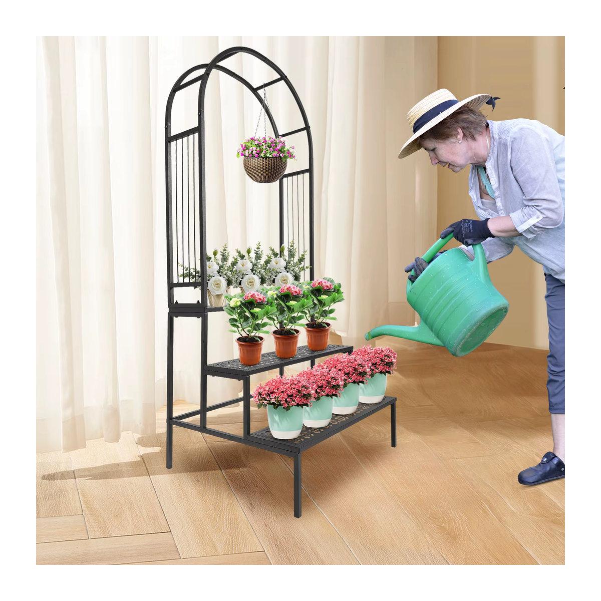 Bymaocar 3-stufiger Pflanzenständer mit Gartenbogen aus Metall in Schwarz - Bild 6