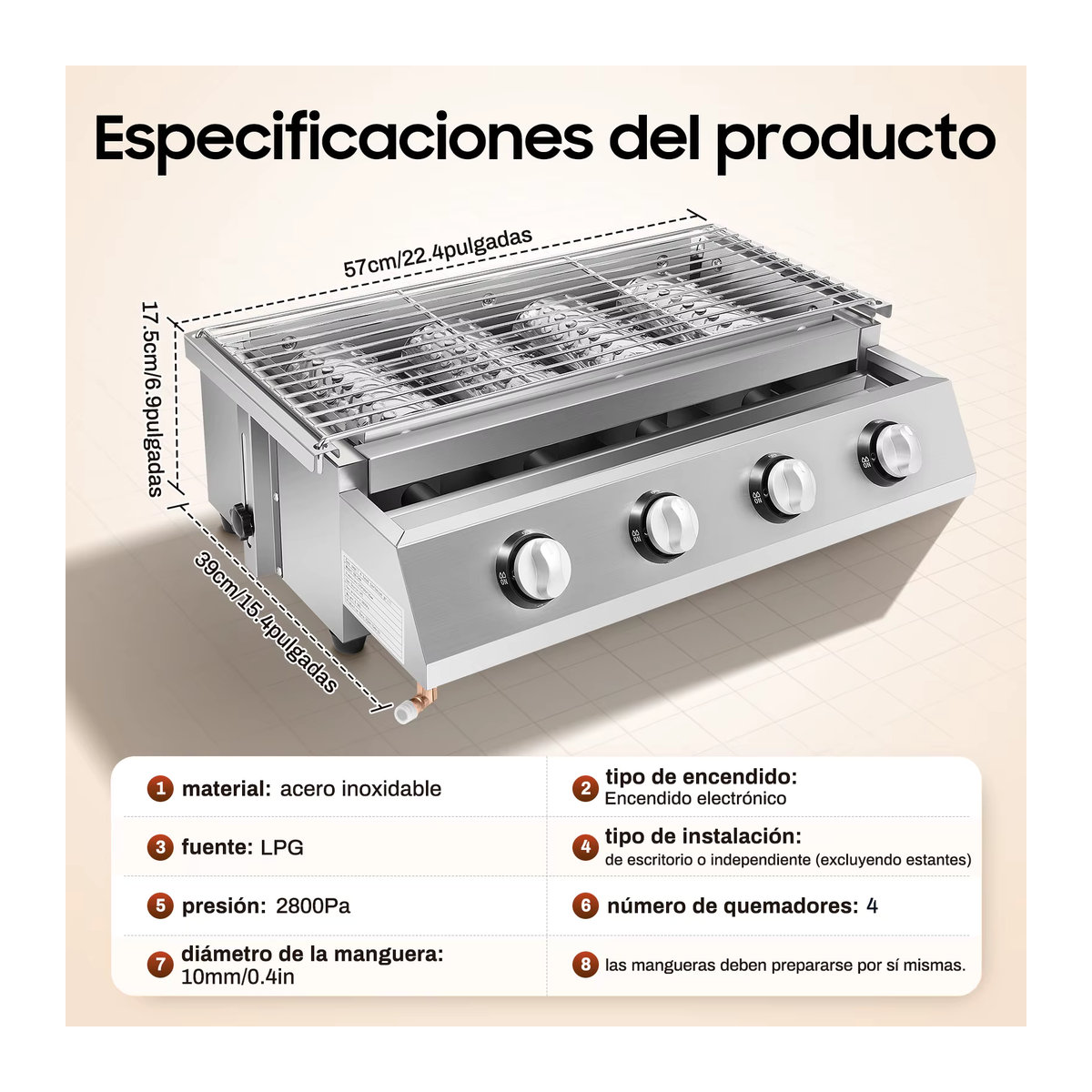 Bymaocar 4-Brenner Gasgrillplatte mit Infrarot-BBQ-Funktion aus Edelstahl in Silber für Outdoor und Camping mit verstellbarer Höhe und Ölwanne - Bild 2