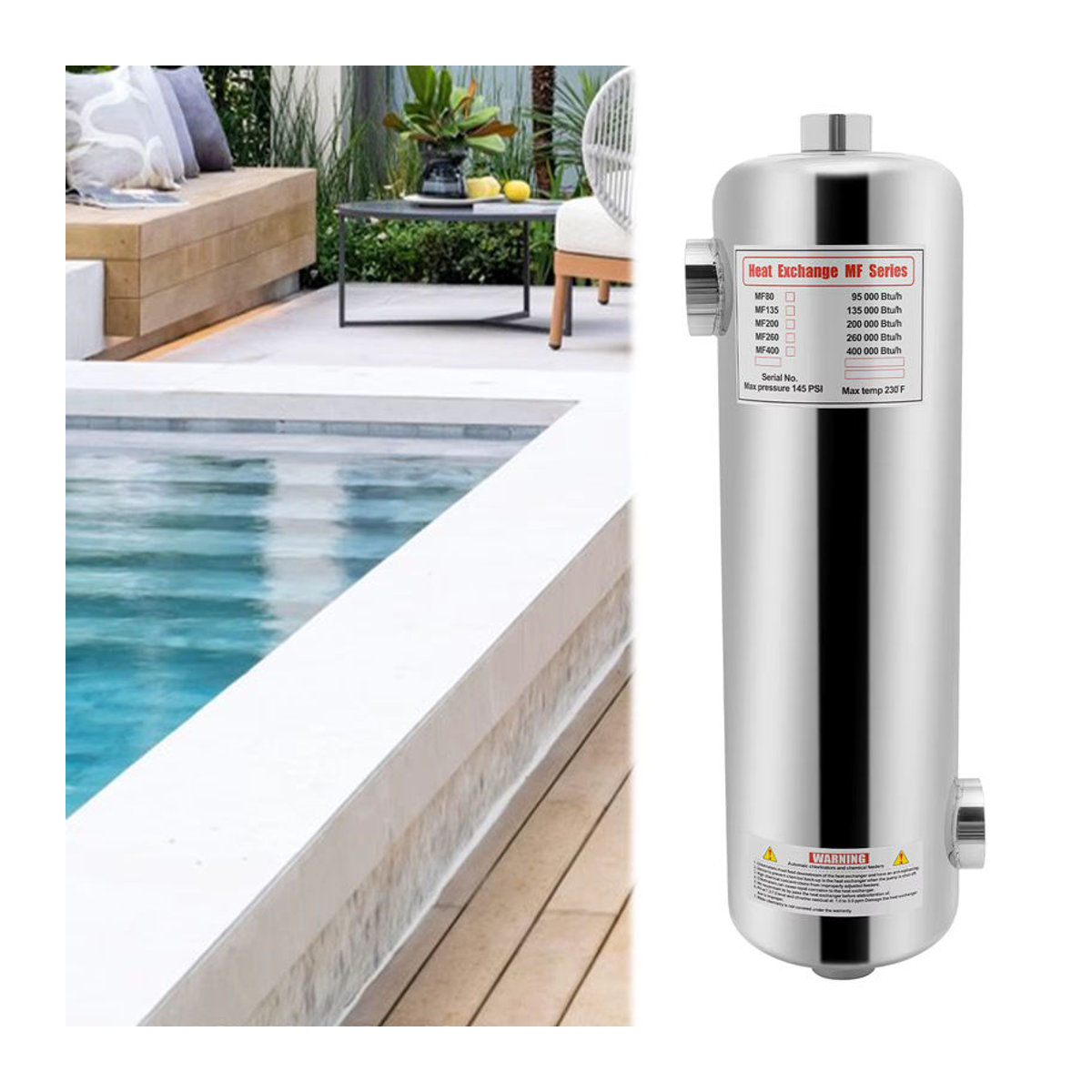 Bymaocar 60 kW Edelstahl-Schwimmbadheizung mit 250 l/min Poolwasserdurchfluss und 30 l/min Warmwasserdurchfluss für dein Poolsystem - Bild 2