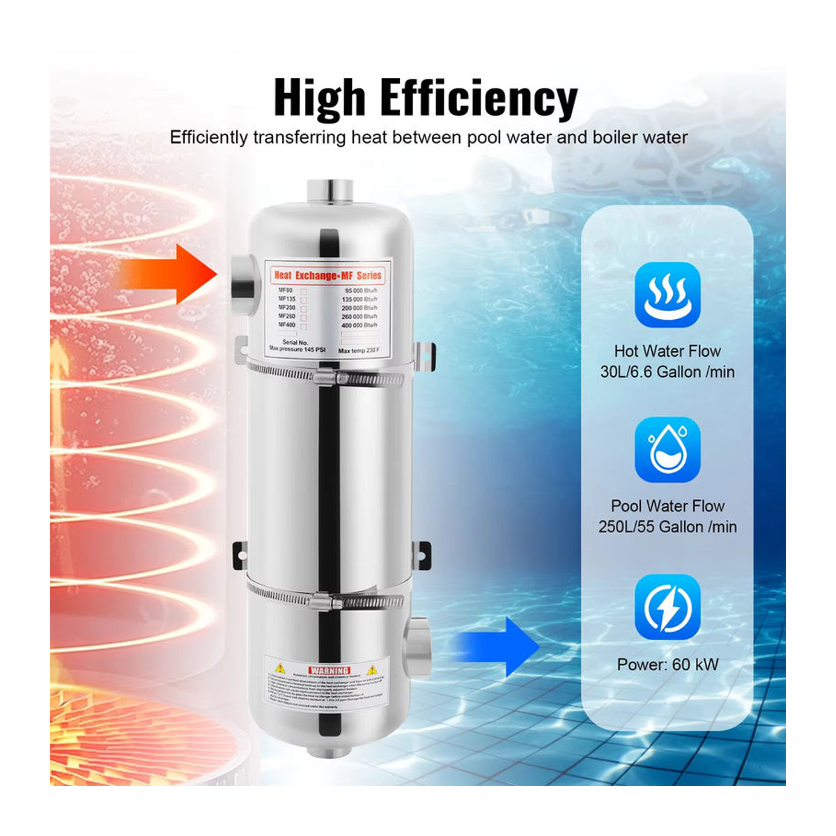 Bymaocar 60 kW Edelstahl-Schwimmbadheizung mit 250 l/min Poolwasserdurchfluss und 30 l/min Warmwasserdurchfluss für dein Poolsystem - Bild 4