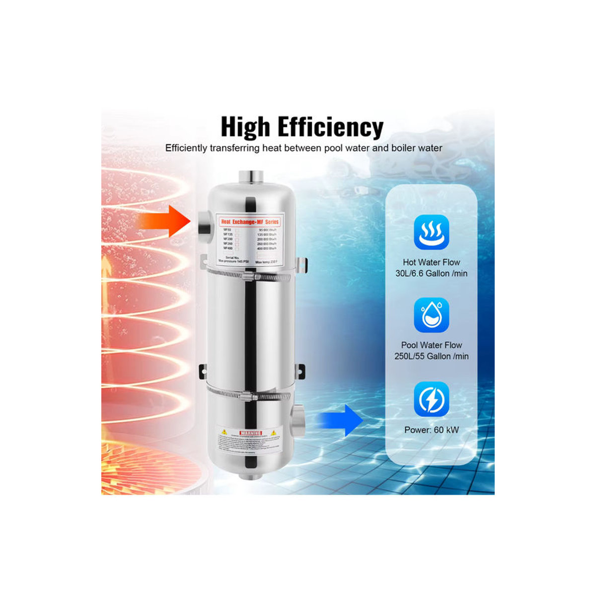 Bymaocar 60 kW Edelstahl-Schwimmbadheizung mit 250 l/min Poolwasserdurchfluss und 30 l/min Warmwasserdurchfluss für dein Poolsystem - Bild 6