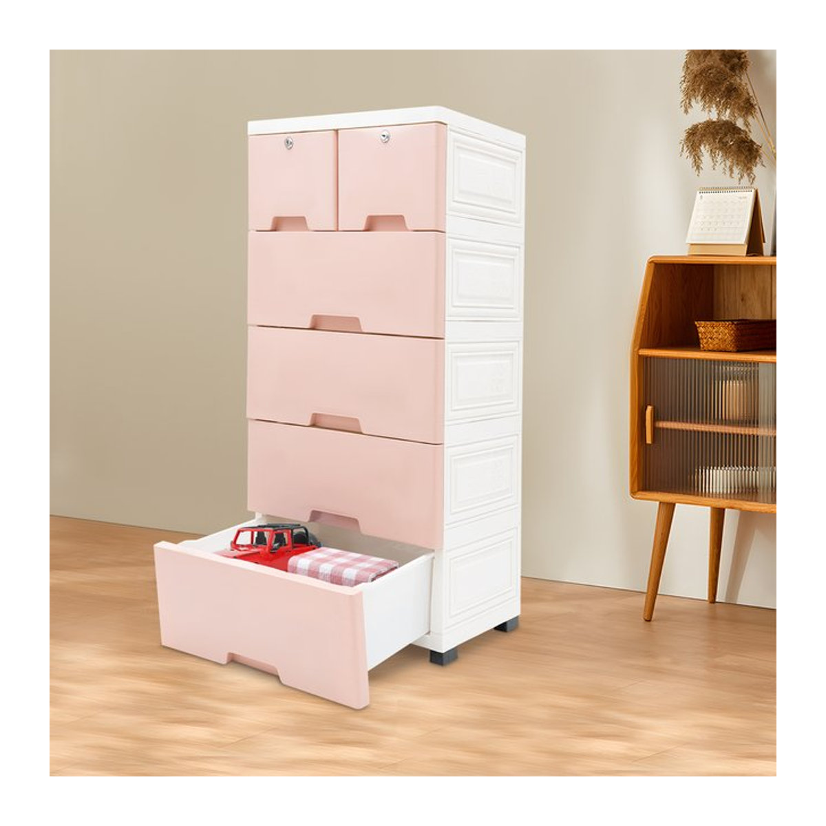 Bymaocar Aufbewahrungsorganisator mit 6 Schubladen aus Kunststoff, Kommode mit Rollen und Schloss, Rosa - Bild 1