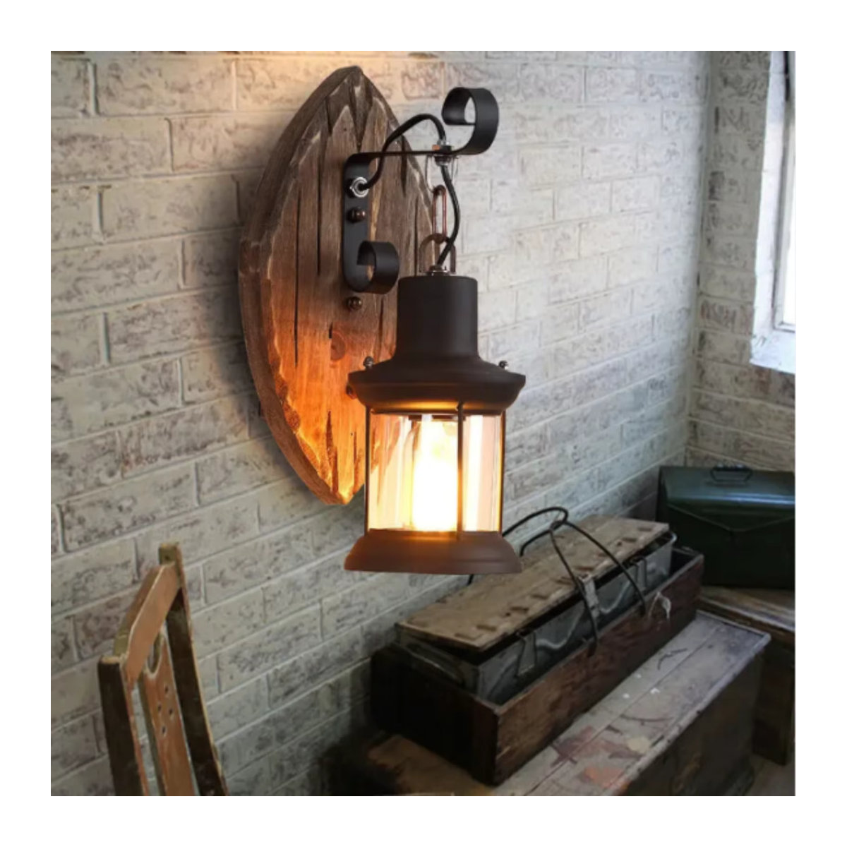 Bymaocar Industrial Wandleuchte aus Holz in Schwarz mit E27 Fassung und warmweißem Licht im Retro-Vintage-Stil - Bild 3